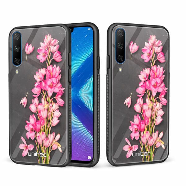 Huawei Honor 20 Lite unitec suojakuori 2 Pink Flowers on Carbon Grey Background