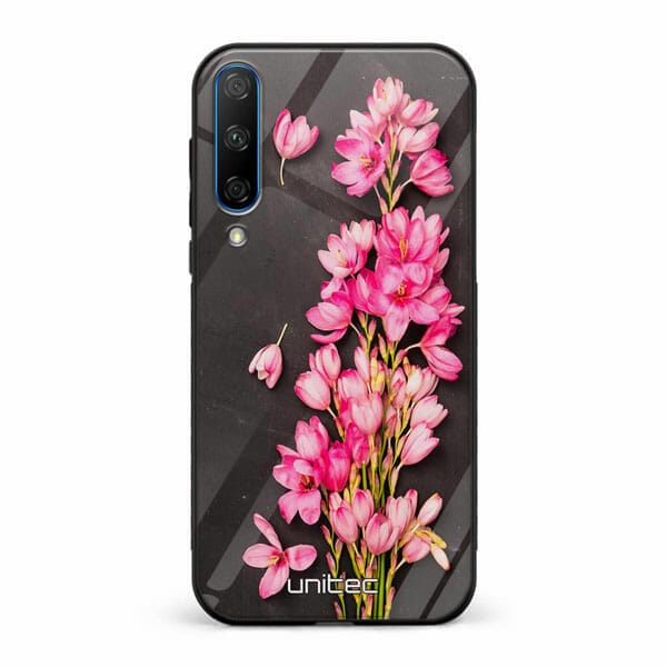 Huawei Honor 20 Lite unitec suojakuori Pink Flowers on Carbon Grey Background