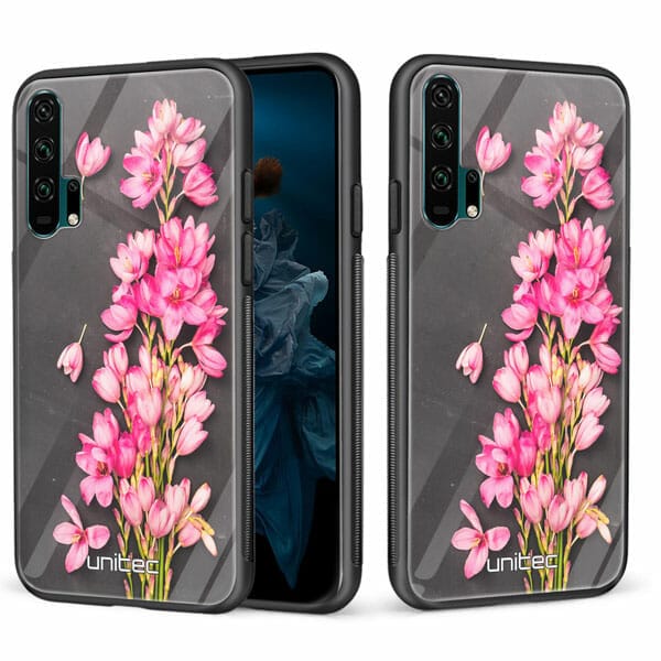 Huawei Honor 20 Pro unitec suojakuori 2 Pink Flowers on Carbon Grey Background