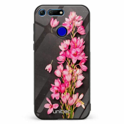 Huawei Honor View 20 unitec suojakuori Pink Flowers on Carbon Grey Background