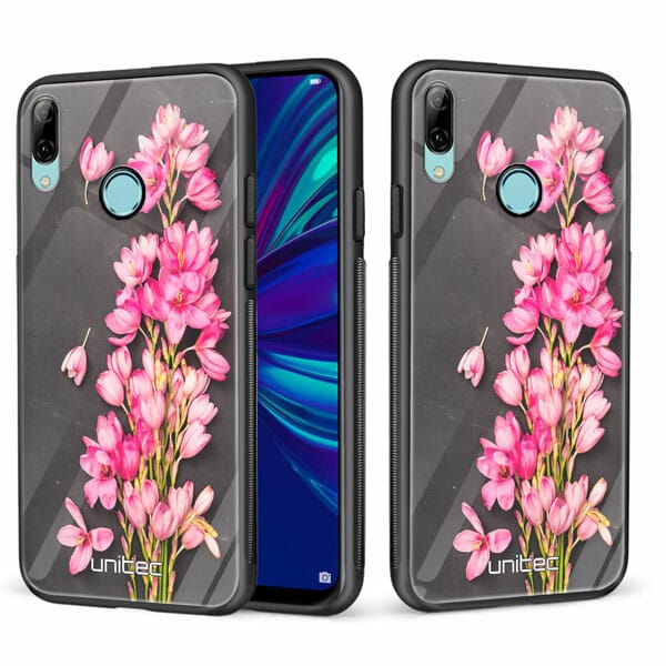 Huawei P Smart 2019 unitec suojakuori 2 Pink Flowers on Carbon Grey Background