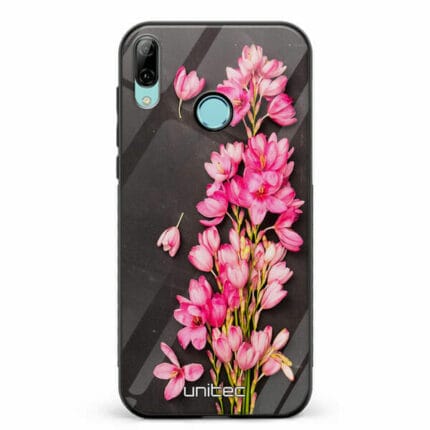 Huawei P Smart 2019 unitec suojakuori Pink Flowers on Carbon Grey Background