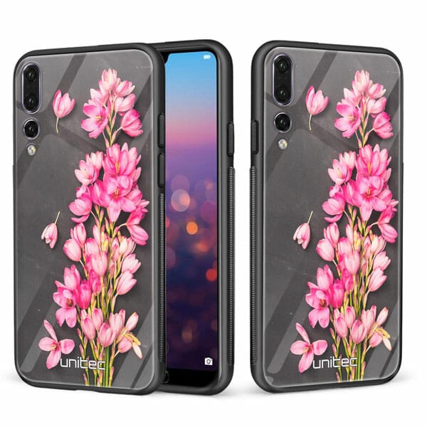 Huawei P20 Pro unitec suojakuori 2 Pink Flowers on Carbon Grey Background