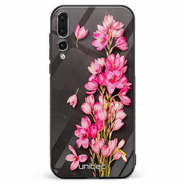 Huawei P20 pro unitec suojakuori Pink Flowers on Carbon Grey Background
