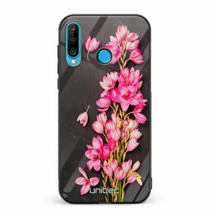 Huawei P30 Lite unitec suojakuori Pink Flowers on Carbon Grey Background