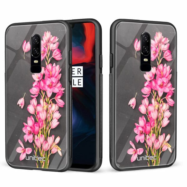 OnePlus 6 unitec suojakuori 2 Pink Flowers on Carbon Grey Background