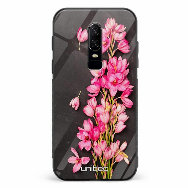 OnePlus 6 unitec suojakuori Pink Flowers on Carbon Grey Background