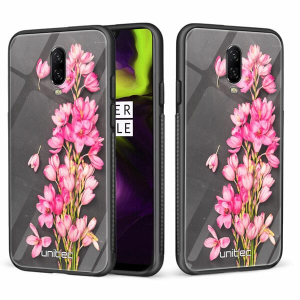 OnePlus 6T unitec suojakuori 2 Pink Flowers on Carbon Grey Background