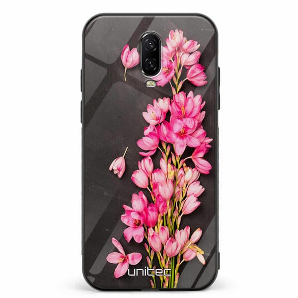 OnePlus 6T unitec suojakuori Pink Flowers on Carbon Grey Background