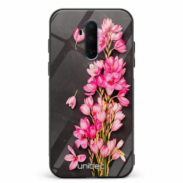 OnePlus 7T Pro unitec suojakuori Pink Flowers on Carbon Grey Background