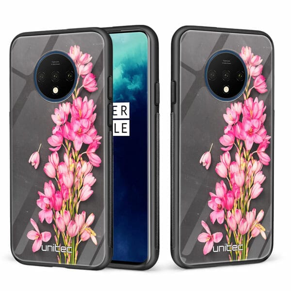 OnePlus 7T unitec suojakuori 2 Pink Flowers on Carbon Grey Background