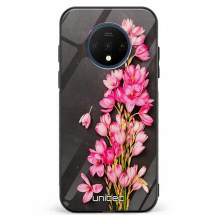 OnePlus 7T unitec suojakuori Pink Flowers on Carbon Grey Background