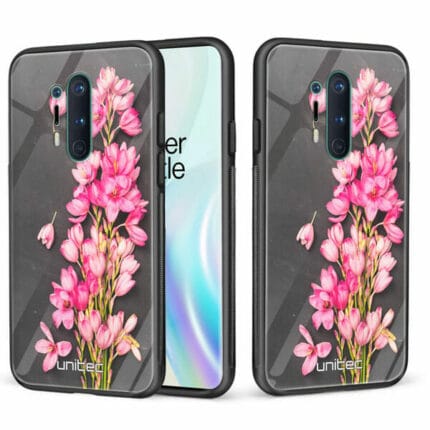 OnePlus 8 Pro unitec suojakuori 2 Pink Flowers on Carbon Grey Background