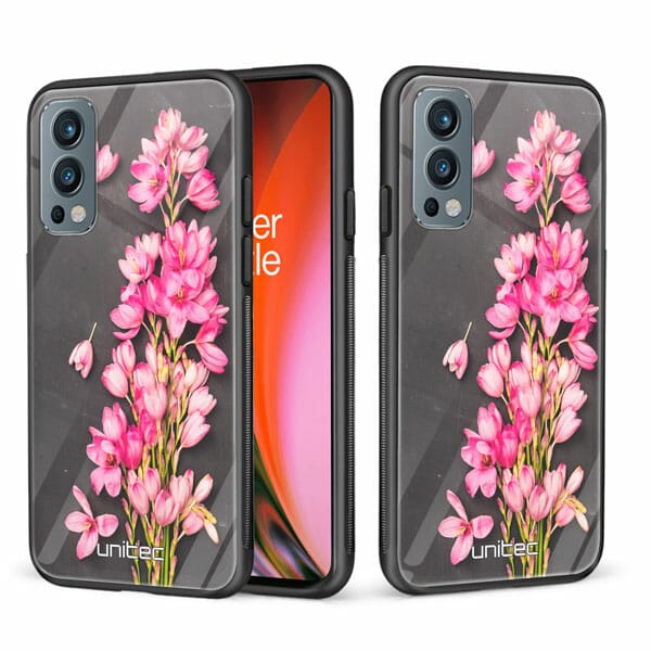 OnePlus Nord 2 5G unitec suojakuori 2 Pink Flowers on Carbon Grey Background