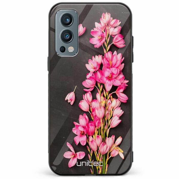 OnePlus Nord 2 5G unitec suojakuori Pink Flowers on Carbon Grey Background