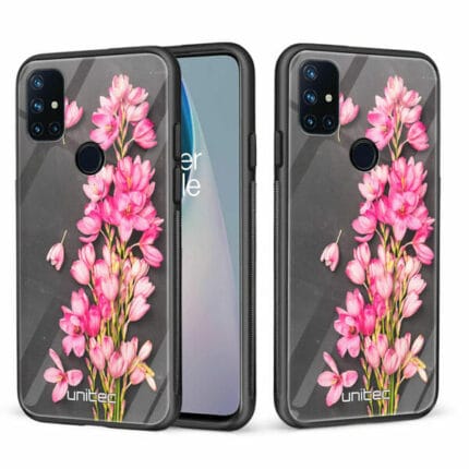 OnePlus Nord N10 5G unitec suojakuori 2 Pink Flowers on Carbon Grey Background