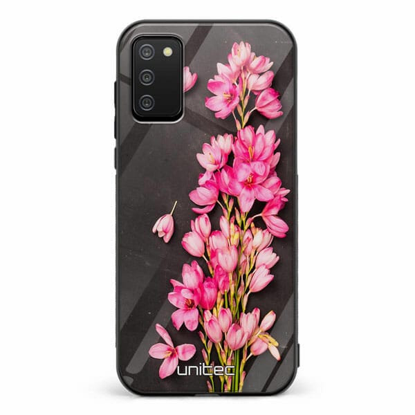 Samsung Galaxy A02s unitec suojakuori Pink Flowers on Carbon Grey Background
