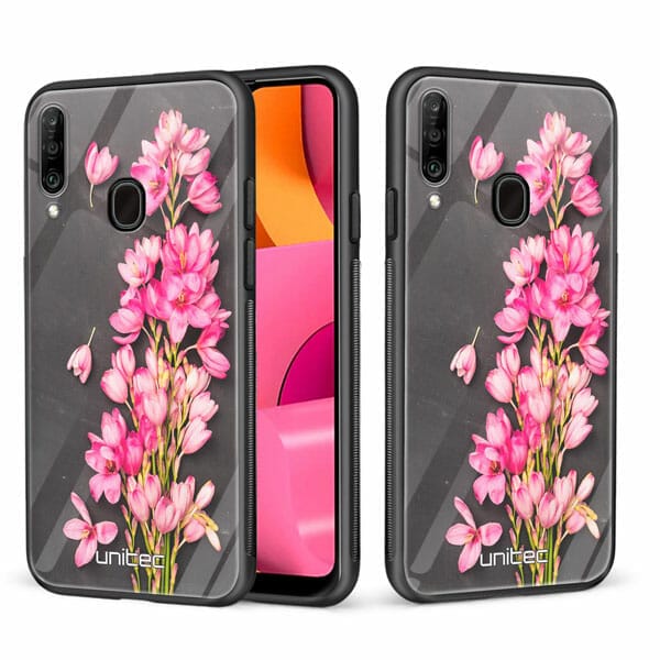 Samsung Galaxy A20s unitec suojakuori 2 Pink Flowers on Carbon Grey Background