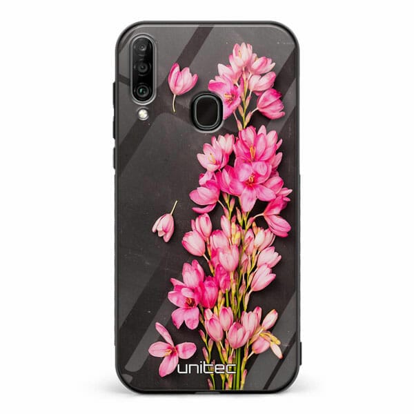 Samsung Galaxy A20s unitec suojakuori Pink Flowers on Carbon Grey Background