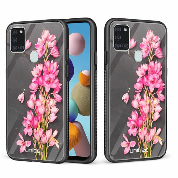 Samsung Galaxy A21s unitec suojakuori 2 Pink Flowers on Carbon Grey Background