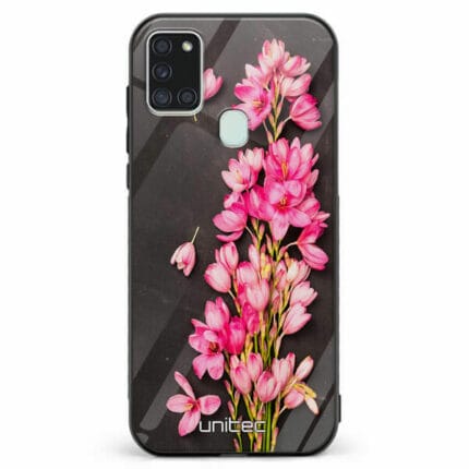 Samsung Galaxy A21s unitec suojakuori Pink Flowers on Carbon Grey Background