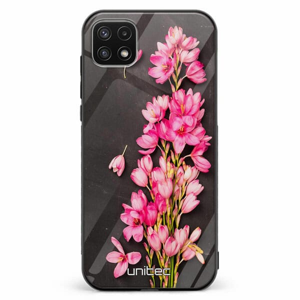 Samsung Galaxy A22 5G unitec suojakuori Pink Flowers on Carbon Grey Background