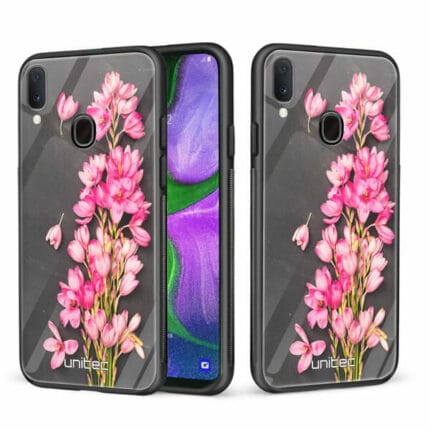 Samsung Galaxy A40 unitec suojakuori 2 Pink Flowers on Carbon Grey Background