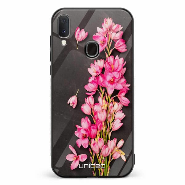 Samsung Galaxy A40 unitec suojakuori Pink Flowers on Carbon Grey Background