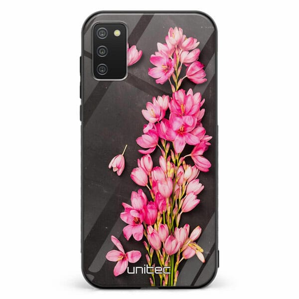 Samsung Galaxy A41 unitec suojakuori Pink Flowers on Carbon Grey Background