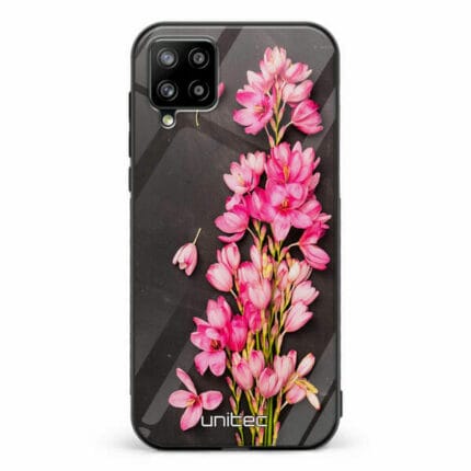 Samsung Galaxy A42 5G unitec suojakuori Pink Flowers on Carbon Grey Background
