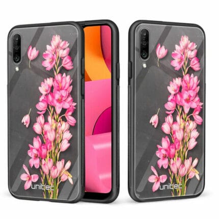 Samsung Galaxy A50 unitec suojakuori 2 Pink Flowers on Carbon Grey Background