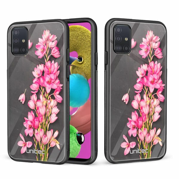 Samsung Galaxy A51 5G unitec suojakuori 2 Pink Flowers on Carbon Grey Background