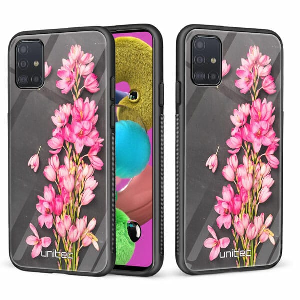 Samsung Galaxy A51 unitec suojakuori 2 Pink Flowers on Carbon Grey Background