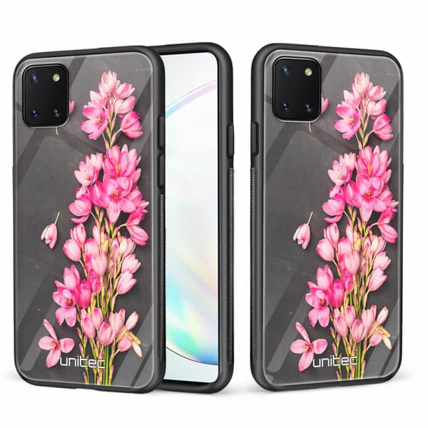 Samsung Galaxy Note 10 Lite unitec suojakuori 2 Pink Flowers on Carbon Grey Background