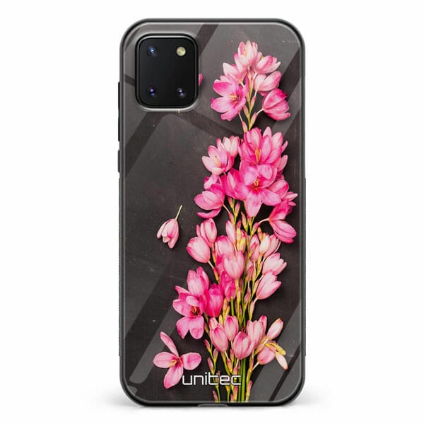 Samsung Galaxy Note 10 Lite unitec suojakuori Pink Flowers on Carbon Grey Background