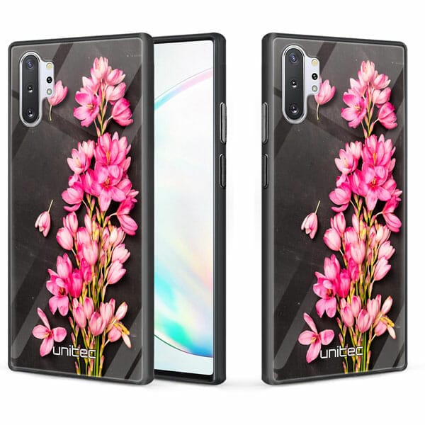 Samsung Galaxy Note 10 Plus unitec suojakuori 2 Pink Flowers on Carbon Grey Background
