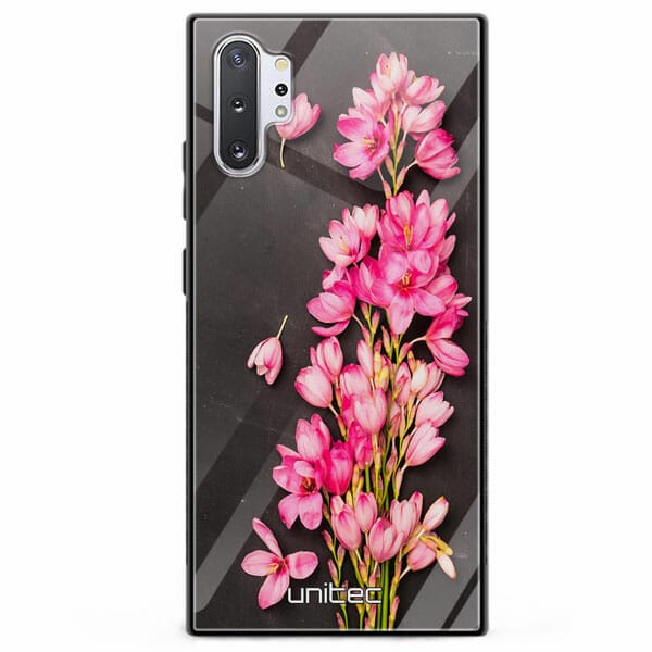 Samsung Galaxy Note 10 Plus unitec suojakuori Pink Flowers on Carbon Grey Background