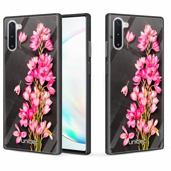 Samsung Galaxy Note 10 unitec suojakuori 2 Pink Flowers on Carbon Grey Background