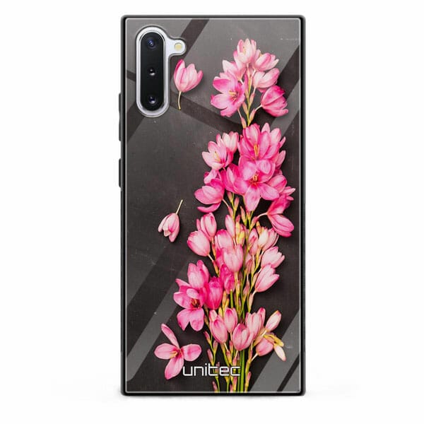 Samsung Galaxy Note 10 unitec suojakuori Pink Flowers on Carbon Grey Background