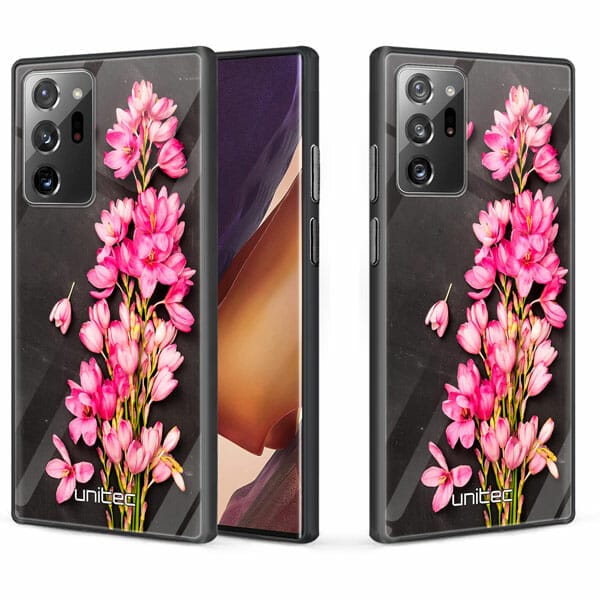 Samsung Galaxy Note 20 Ultra unitec suojakuori 2 Pink Flowers on Carbon Grey Background