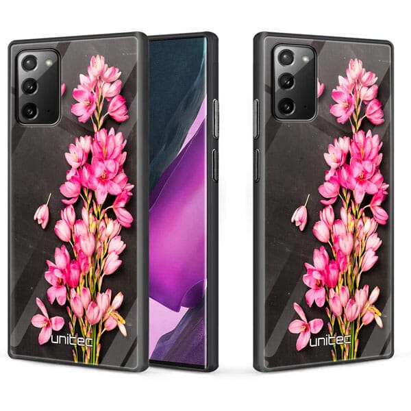 Samsung Galaxy Note 20 unitec suojakuori 2 Pink Flowers on Carbon Grey Background