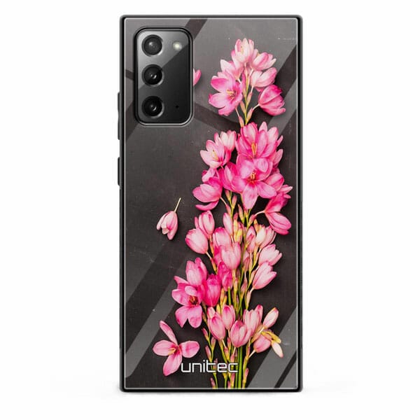 Samsung Galaxy Note 20 unitec suojakuori Pink Flowers on Carbon Grey Background