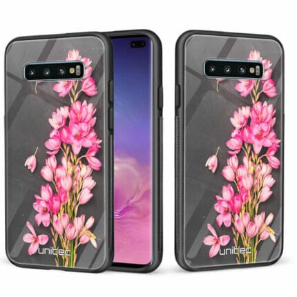 Samsung Galaxy S10 Plus unitec suojakuori 2 Pink Flowers on Carbon Grey Background