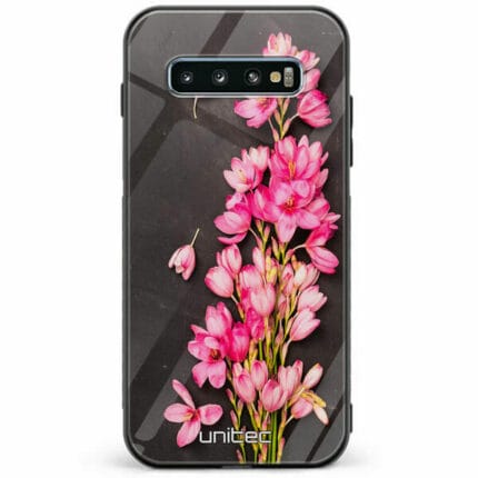 Samsung Galaxy S10 Plus unitec suojakuori Pink Flowers on Carbon Grey Background