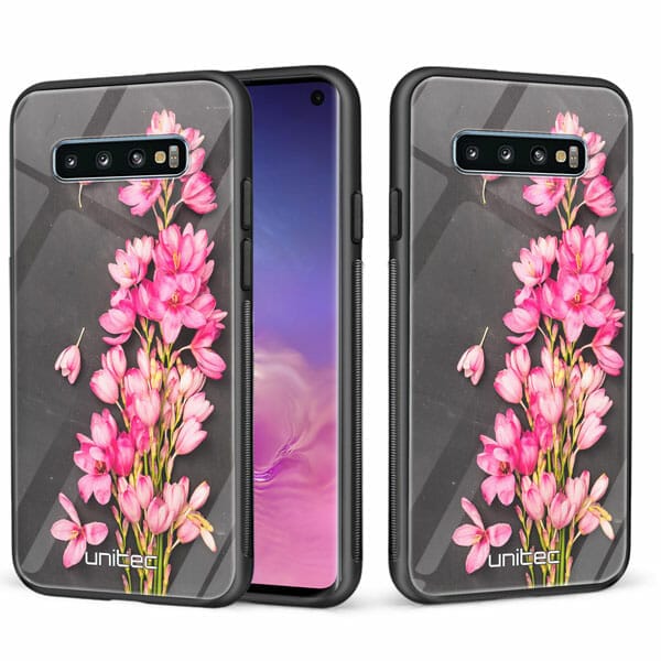 Samsung Galaxy S10 unitec suojakuori 2 Pink Flowers on Carbon Grey Background