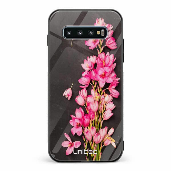 Samsung Galaxy S10 unitec suojakuori Pink Flowers on Carbon Grey Background