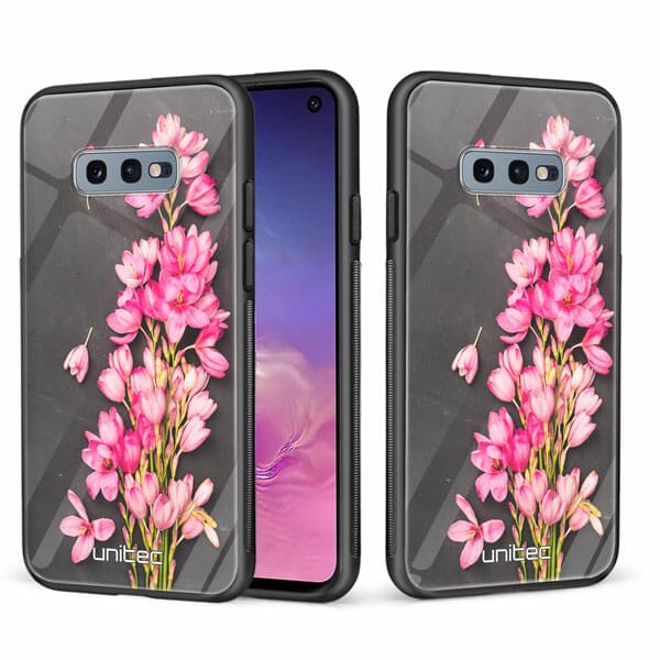 Samsung Galaxy S10e unitec suojakuori 2 Pink Flowers on Carbon Grey Background