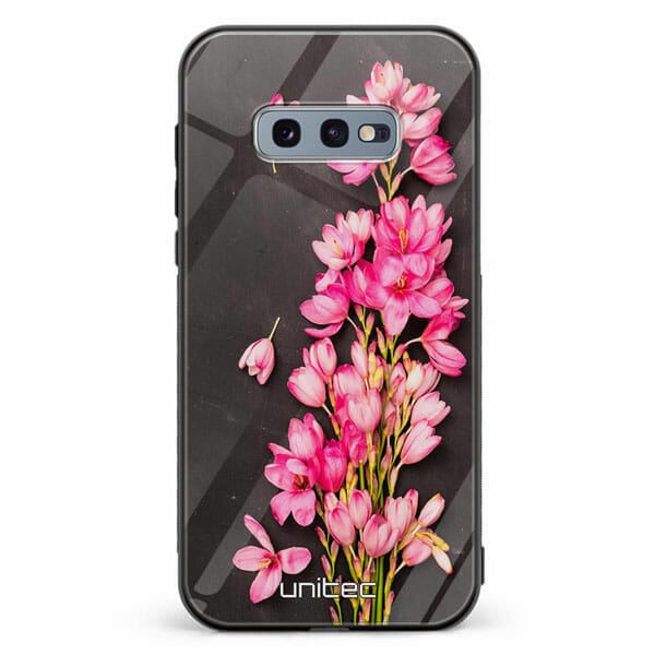 Samsung Galaxy S10e unitec suojakuori Pink Flowers on Carbon Grey Background