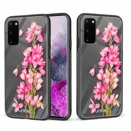 Samsung Galaxy S20 5G unitec suojakuori 2 Pink Flowers on Carbon Grey Background