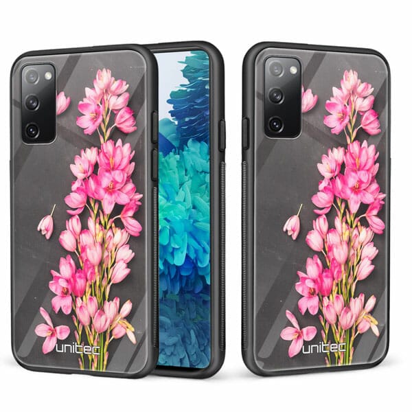 Samsung Galaxy S20 FE 5G unitec suojakuori 2 Pink Flowers on Carbon Grey Background